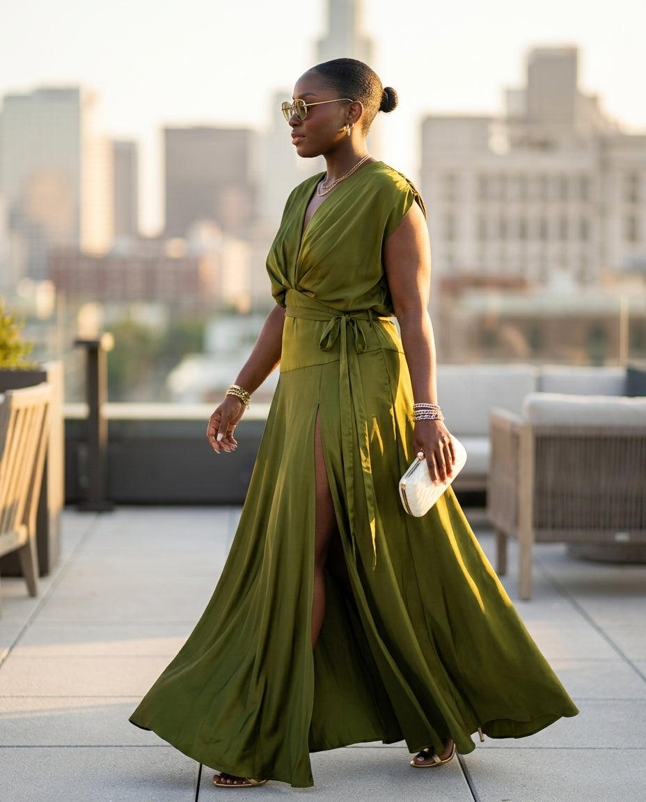 Olive Green Grace Summer Satin Maxi Dress Olive Green Maxi Dress with Asymmetric silhouette and Satin texture, outdoor styling image for Resort Dinner, Brunch in SoHo, US Coastal Glam by floravincie