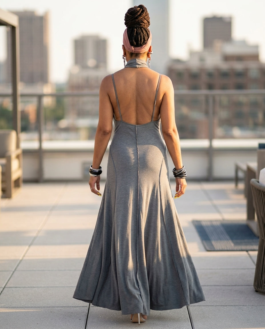 Grey Muse Summer Maxi Dress Grey Maxi Dress with Asymmetric silhouette and Ribbed Knit texture, outdoor styling image for Vacation Evening, a Palm Springs weekend, US Coastal Glam by floravincie