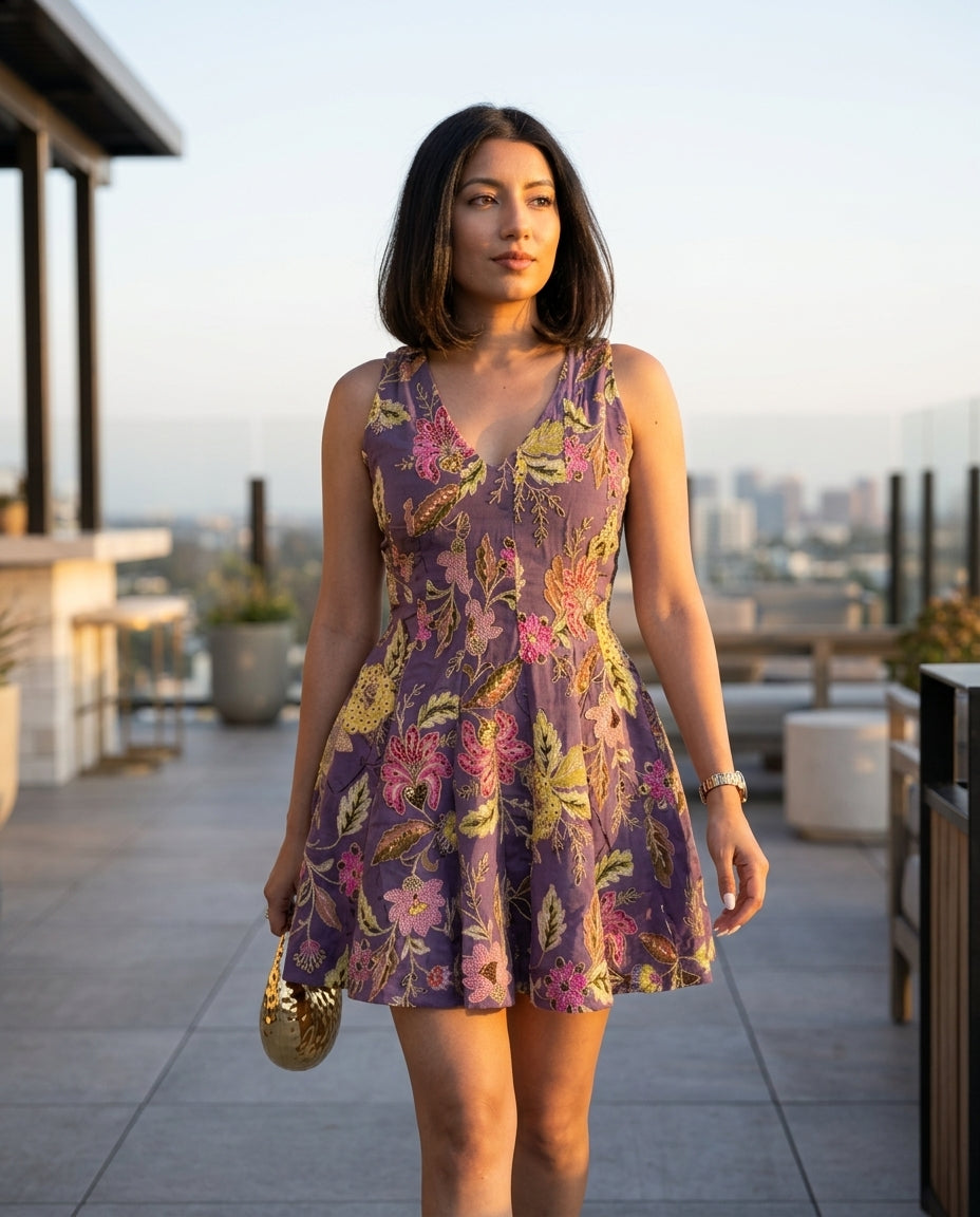 Lilac Reverie Resort Embroidered Romper Lilac Romper with Relaxed Fit silhouette and Textured texture, outdoor styling image for Resort Wear, a rooftop dinner in LA, US Coastal Glam by floravincie