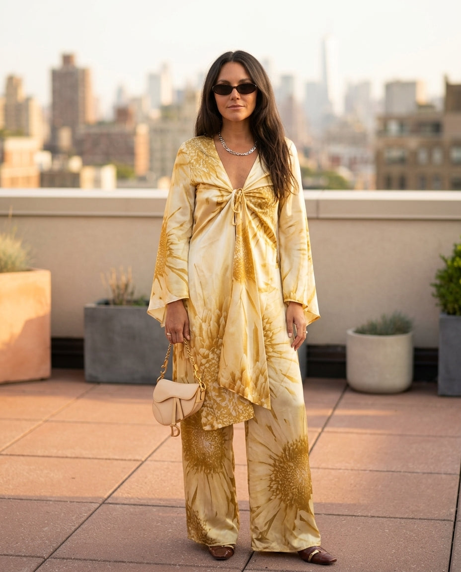 Light Yellow Charm Resort Floral Pant Set Light Yellow Pant Set with Wide-Leg silhouette and Satin texture, outdoor styling image for Resort Wear, Evening in Amalfi, Euro Chic Premium by floravincie