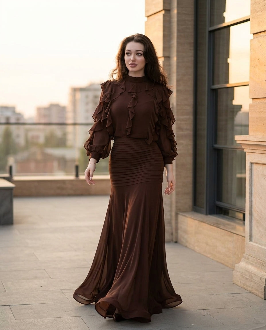 Brown Whisper Evening Ruched Maxi Dress Brown Maxi Dress with Asymmetric silhouette and Textured texture, outdoor styling image for Date Night, a London dinner reservation, Euro Chic Premium by floravincie