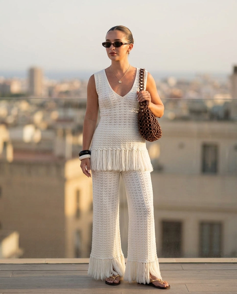 Ivory Bloom Resort Printed Romper Ivory Romper with Wide-Leg silhouette and Ribbed Knit texture, outdoor styling image for Resort Wear, Coffee in Marais, Euro Chic Premium by floravincie