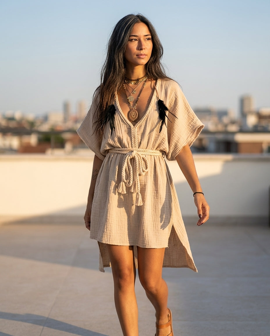 Brown Bloom Summer Fringe Maxi Dress Brown Maxi Dress with Asymmetric silhouette and Textured texture, outdoor styling image for Resort Dinner, a polished coastal brunch, US East / Hamptons Elite by floravincie