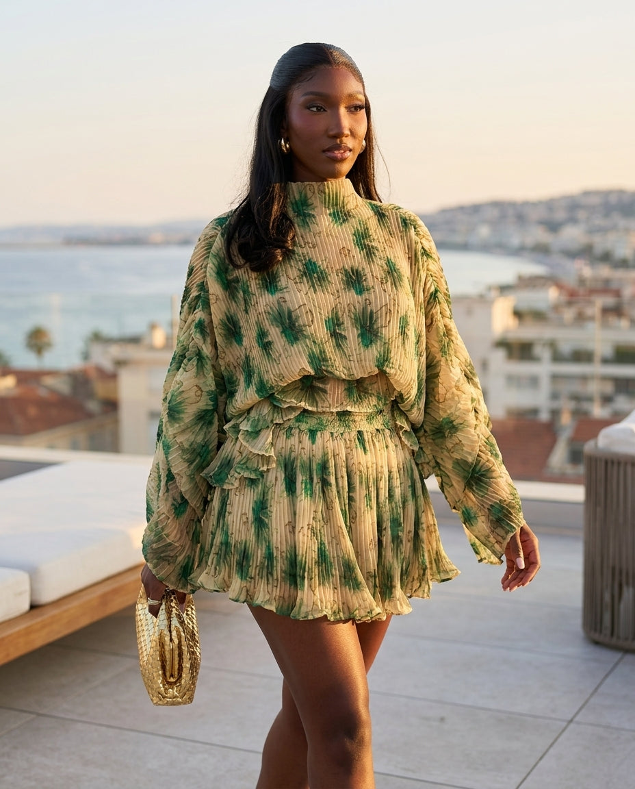 Sage Lustre Summer Pleated Romper Sage Romper with Relaxed Fit silhouette and Textured texture, outdoor styling image for Resort Styling, Sunset in Malibu, US Coastal Glam by floravincie
