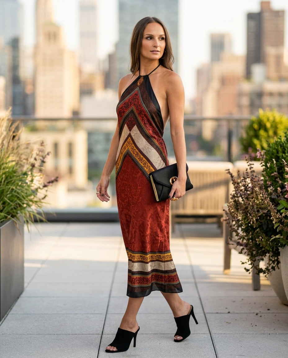 Rust Glow Resort Printed Maxi Dress Rust Maxi Dress with Relaxed Fit silhouette and Satin texture, outdoor styling image for Resort Wear, Evening in Amalfi, Euro Chic Premium by floravincie