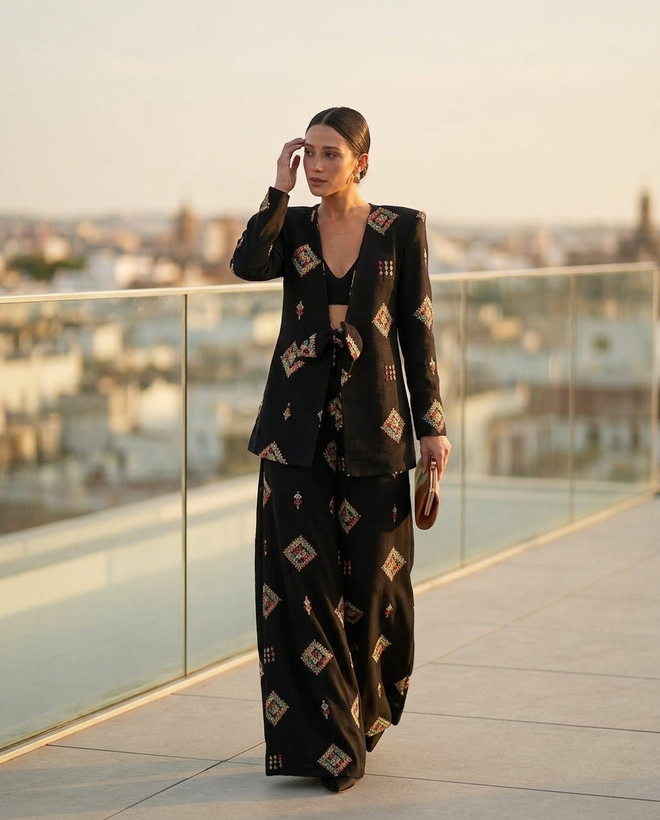 Black Bloom Summer Embroidered Jacket Black Jacket with Wide-Leg silhouette and Textured texture, outdoor styling image for Office Edit, Weekend in The Hamptons, US East / Hamptons Elite by floravincie