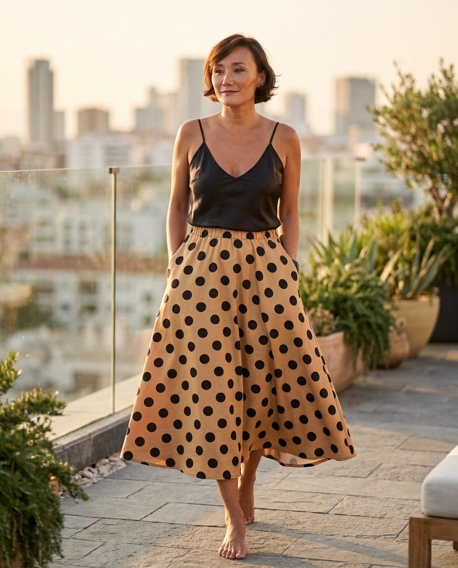 Sand Charm Summer Polka Dot Maxi Skirt Sand Maxi Skirt with Asymmetric silhouette and Textured texture, outdoor styling image for Summer Edit, a London dinner reservation, Euro Chic Premium by floravincie