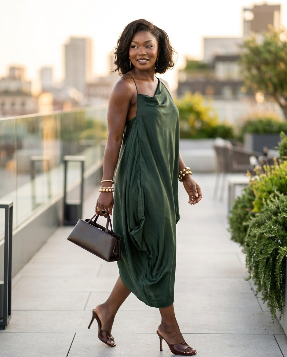 Dark Green Velvet Resort Satin Maxi Dress Dark Green Maxi Dress with Asymmetric silhouette and Satin texture, outdoor styling image for Resort Wear, a gallery opening in Paris, Euro Chic Premium by floravincie