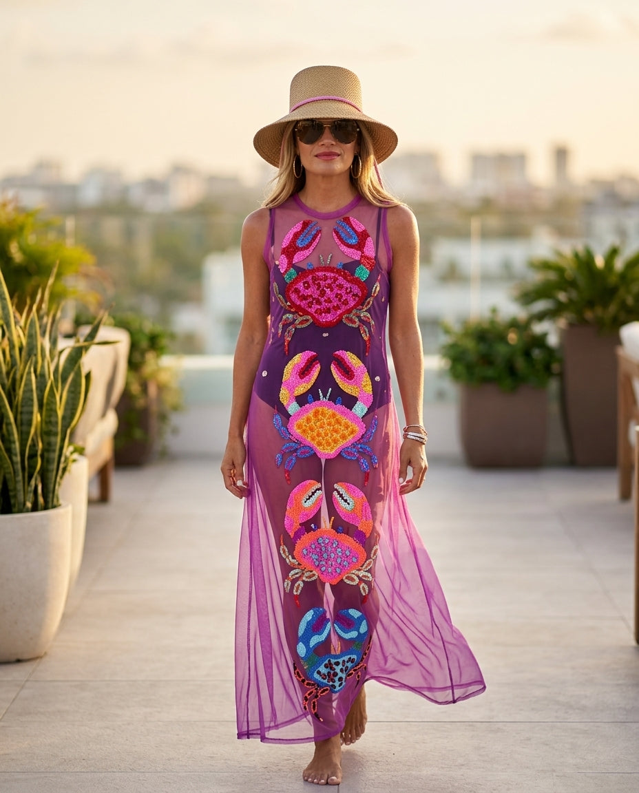 Lilac Poise Resort Embroidered Maxi Dress Lilac Maxi Dress with Asymmetric silhouette and Textured texture, outdoor styling image for Resort Wear, Sunset in Malibu, US Coastal Glam by floravincie