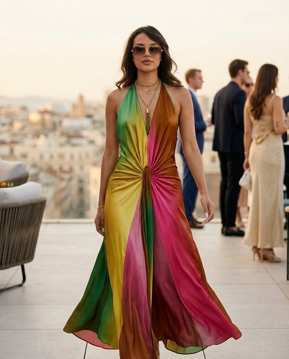 Pink Velvet Summer Halter Maxi Dress Pink Maxi Dress with Relaxed Fit silhouette and Textured texture, outdoor styling image for Resort Dinner, Sunset in Malibu, US Coastal Glam by floravincie
