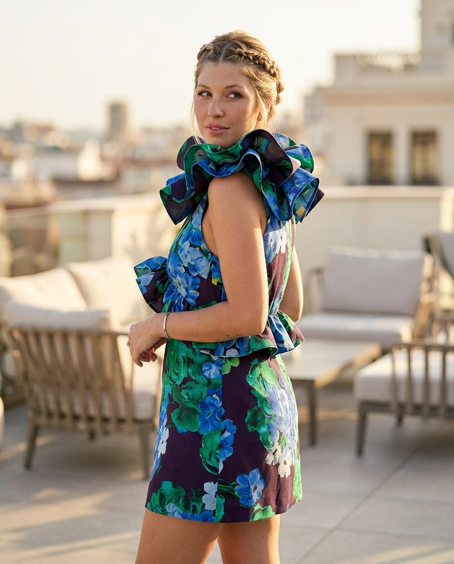Navy Velvet Floral Maxi Dress Navy Maxi Dress with Asymmetric silhouette and Textured texture, outdoor styling image for Rooftop Brunch, a rooftop dinner in LA, US Coastal Glam by floravincie