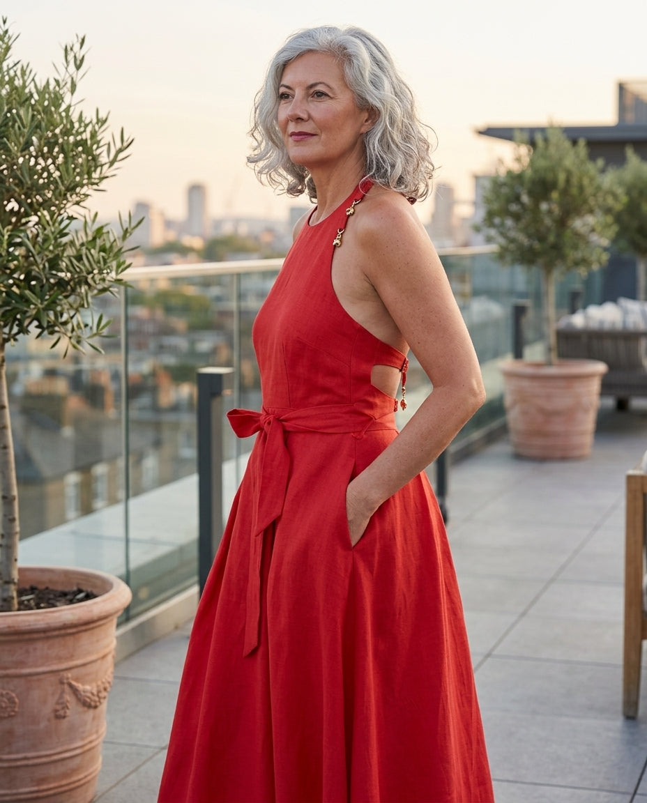 Red Velvet Resort Linen Maxi Dress Red Maxi Dress with Relaxed Fit silhouette and Linen Blend texture, outdoor styling image for Resort Wear, Sunset in Malibu, US Coastal Glam by floravincie