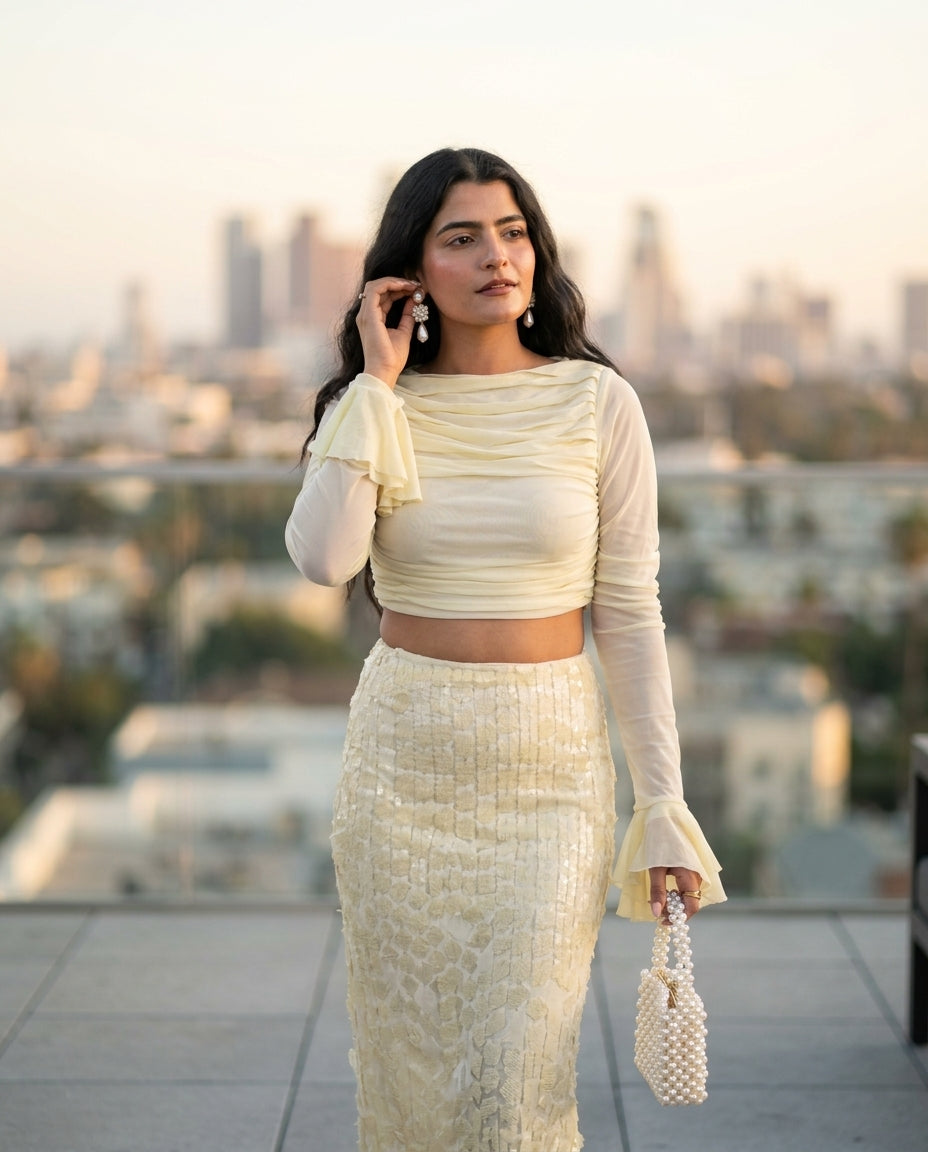 Ivory Lustre Evening Ruched Two-Piece Set Ivory Two-Piece Set with Asymmetric silhouette and Textured texture, outdoor styling image for Date Night, a rooftop dinner in LA, US Coastal Glam by floravincie
