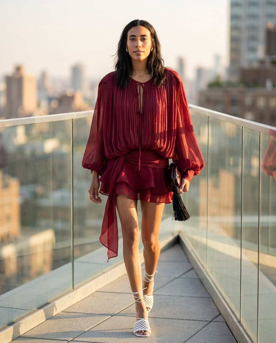Burgundy Grace Evening Pleated Maxi Dress Burgundy Maxi Dress with Asymmetric silhouette and Textured texture, outdoor styling image for Date Night, Sunset in Malibu, US Coastal Glam by floravincie