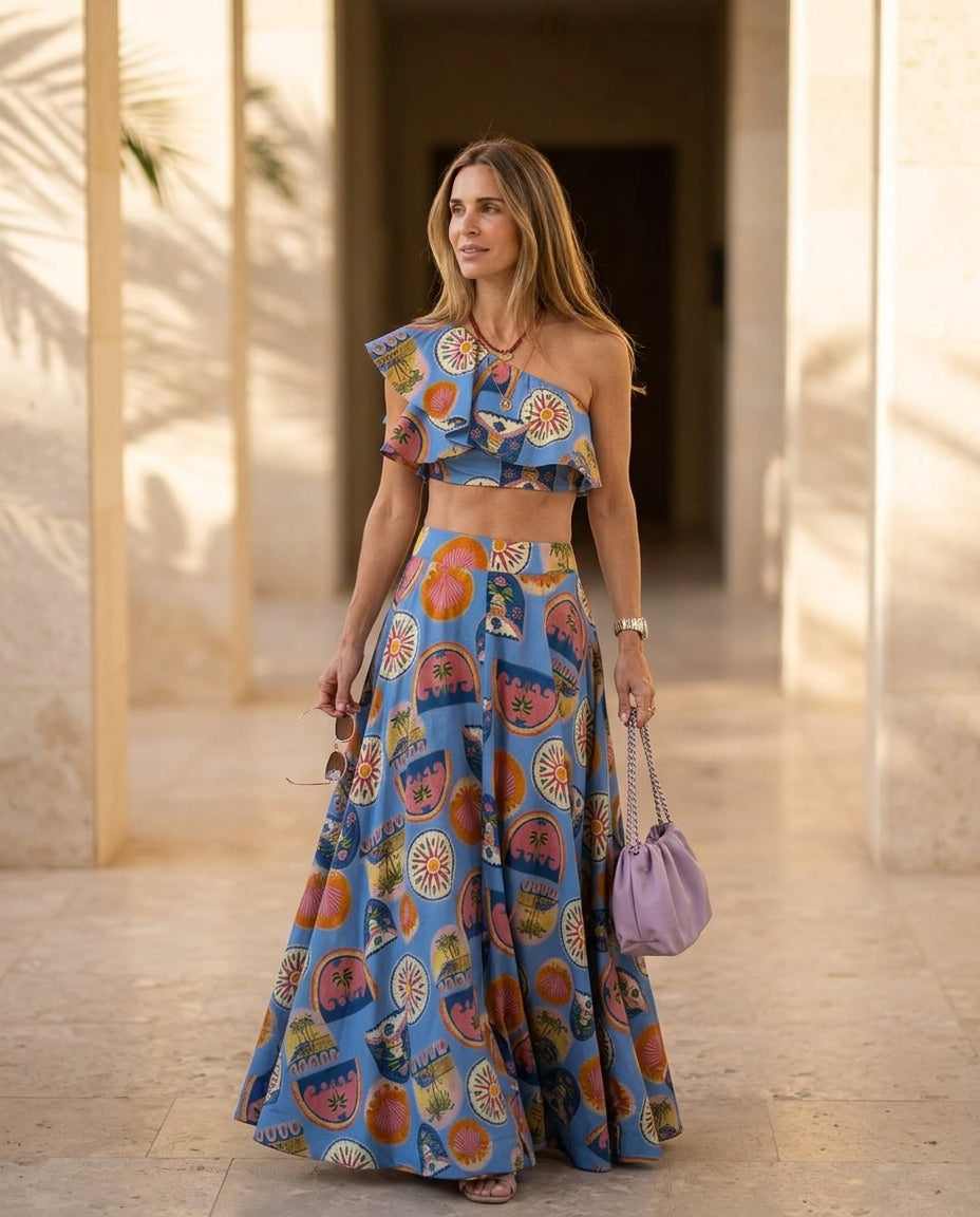 Blue Grace Summer Printed Two-Piece Set Blue Two-Piece Set with Asymmetric silhouette and Textured texture, outdoor styling image for Weekend Escape, a rooftop dinner in LA, US Coastal Glam by floravincie
