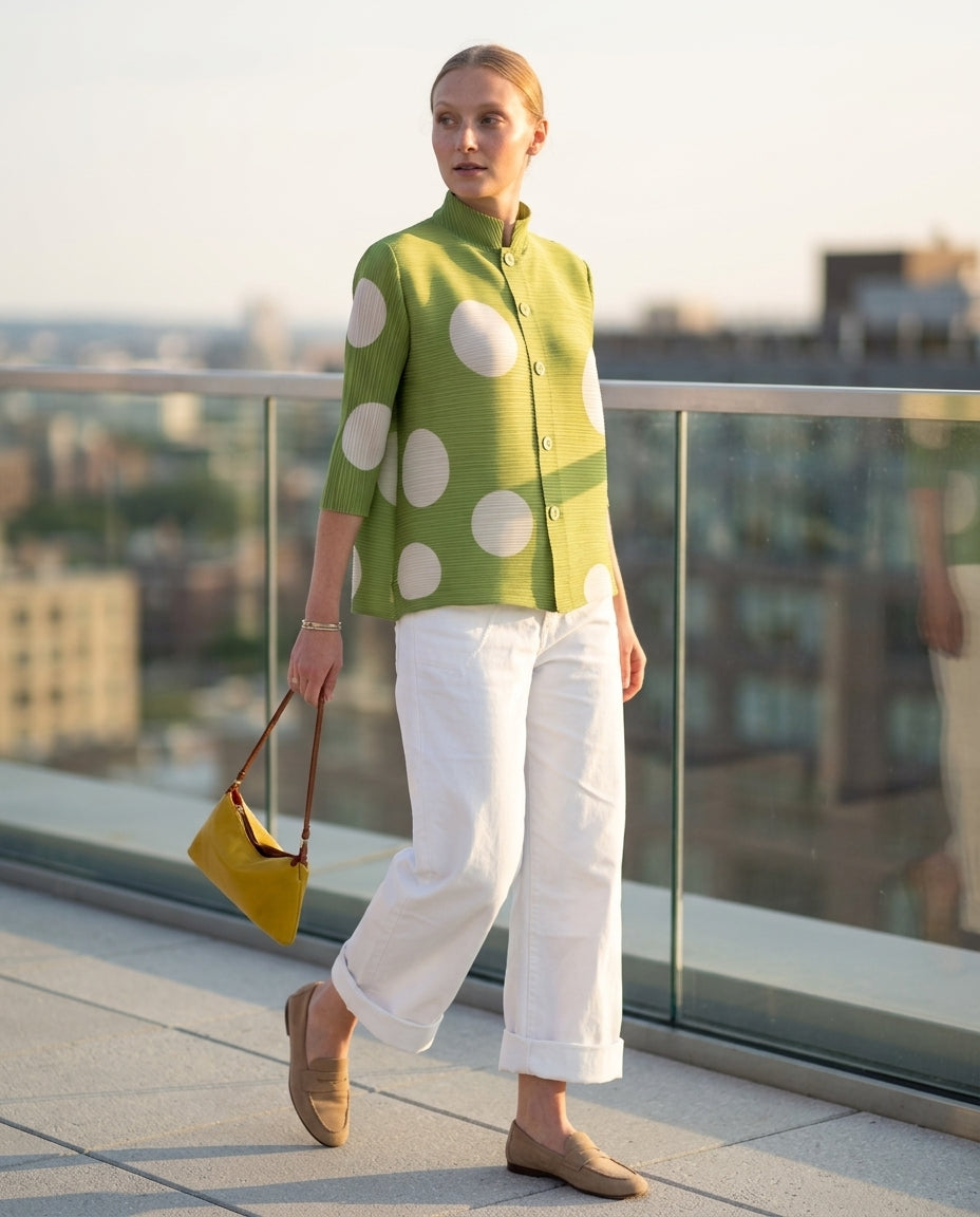 Sage Glow Resort Polka Dot Romper Sage Romper with Structured silhouette and Ribbed Knit texture, outdoor styling image for Resort Wear, an estate dinner at golden hour, US East / Hamptons Elite by floravincie