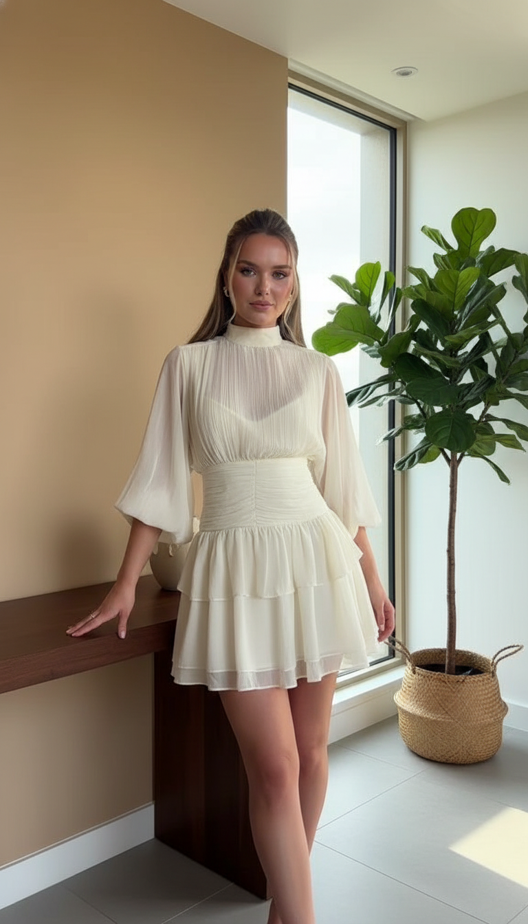 White Ruffle Pleated Ruffled Hem Mini Dress product image 5