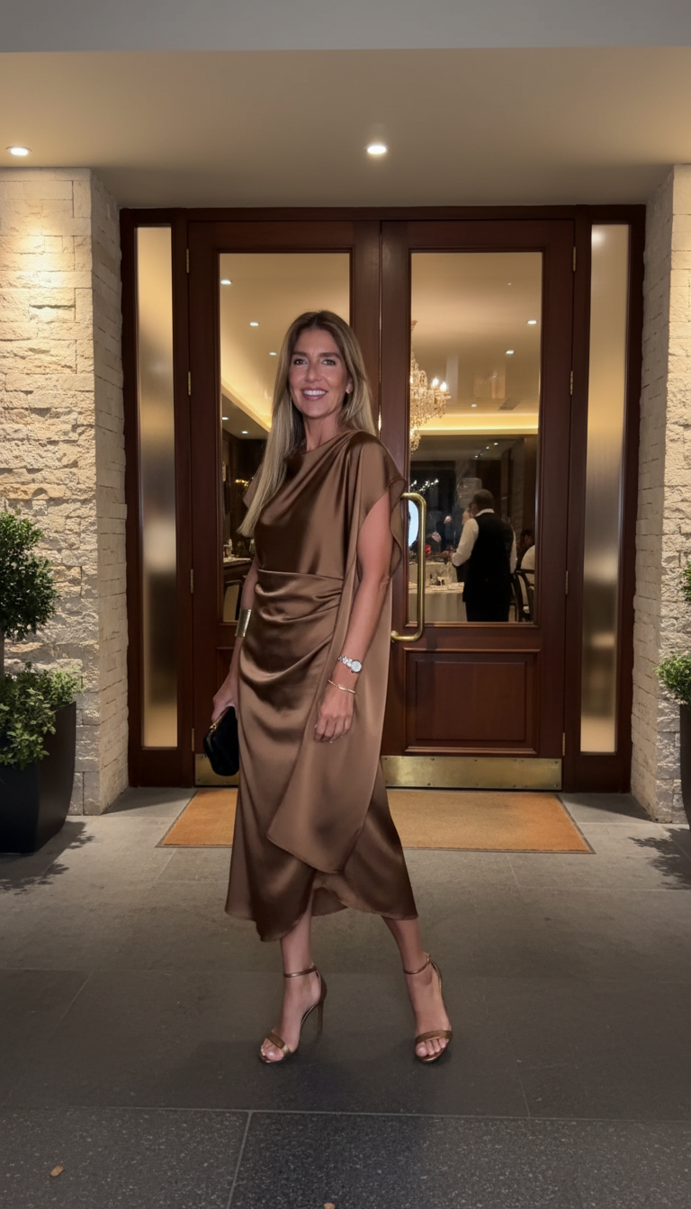 Brown Satin Draped Design Asymmetrical Hem Kaftan Dress product image 5