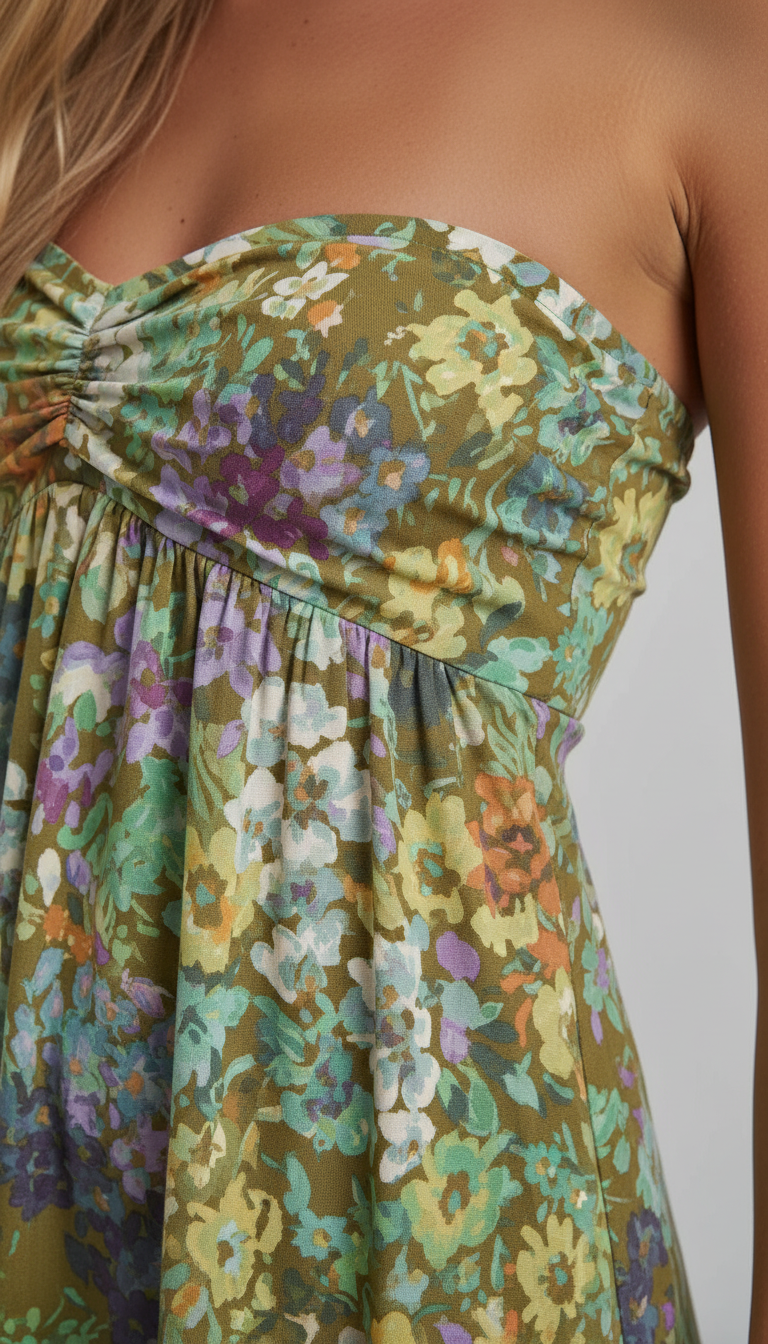 Green Floral Gathered Bodice Flowy Skirt Dress product image 5