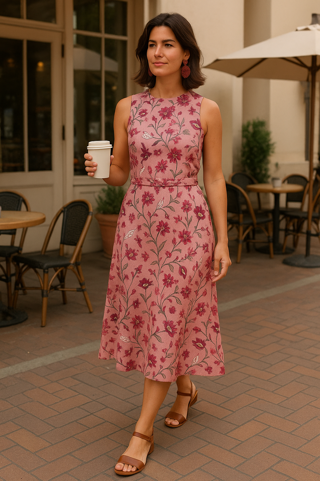 Pink Floral Belted Belted Waist Midi Dress product image 5