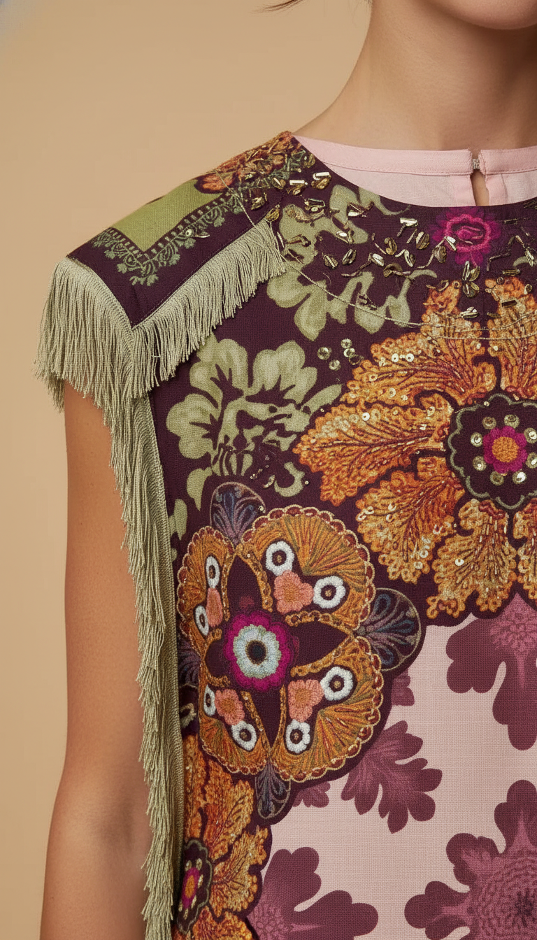 Burgundy Floral Embroidered Fringe Kaftan Dress product image 5
