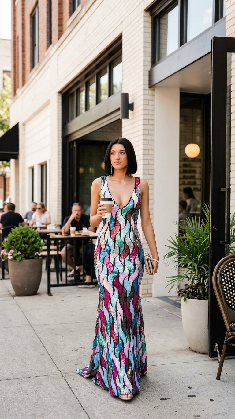 Abstract Print Backless V-Neck Satin Maxi Dress product image 5