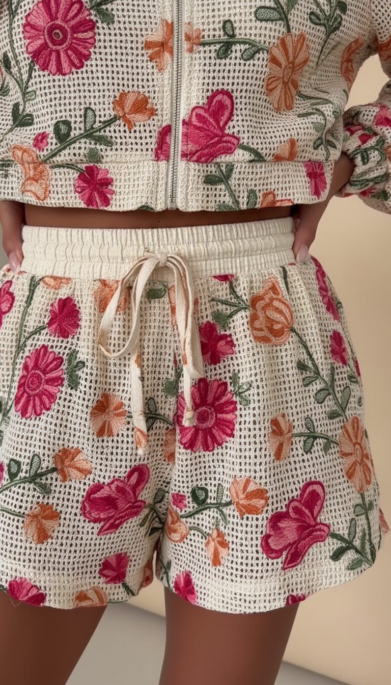 Cream Floral Ruffle Zipper Short Set product image 5