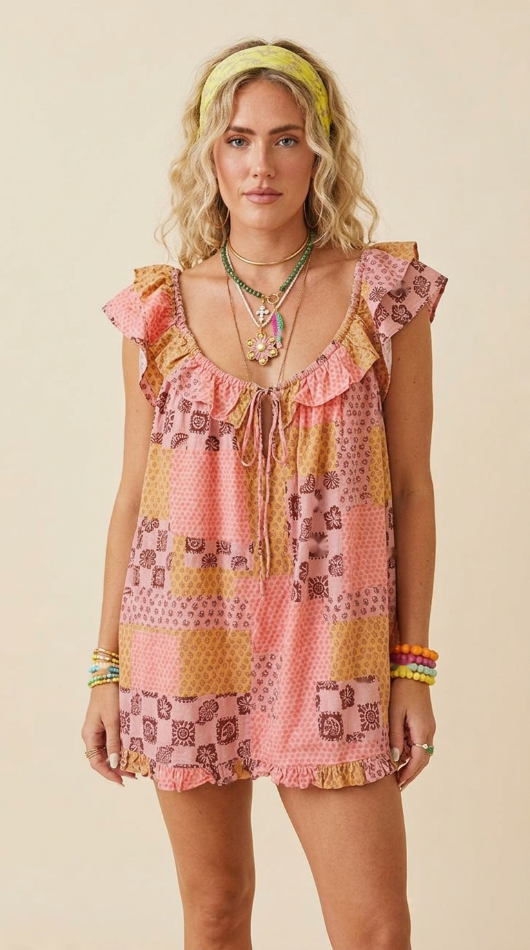 Pink Patchwork Print Ruffle Drawstring Dress product image 5