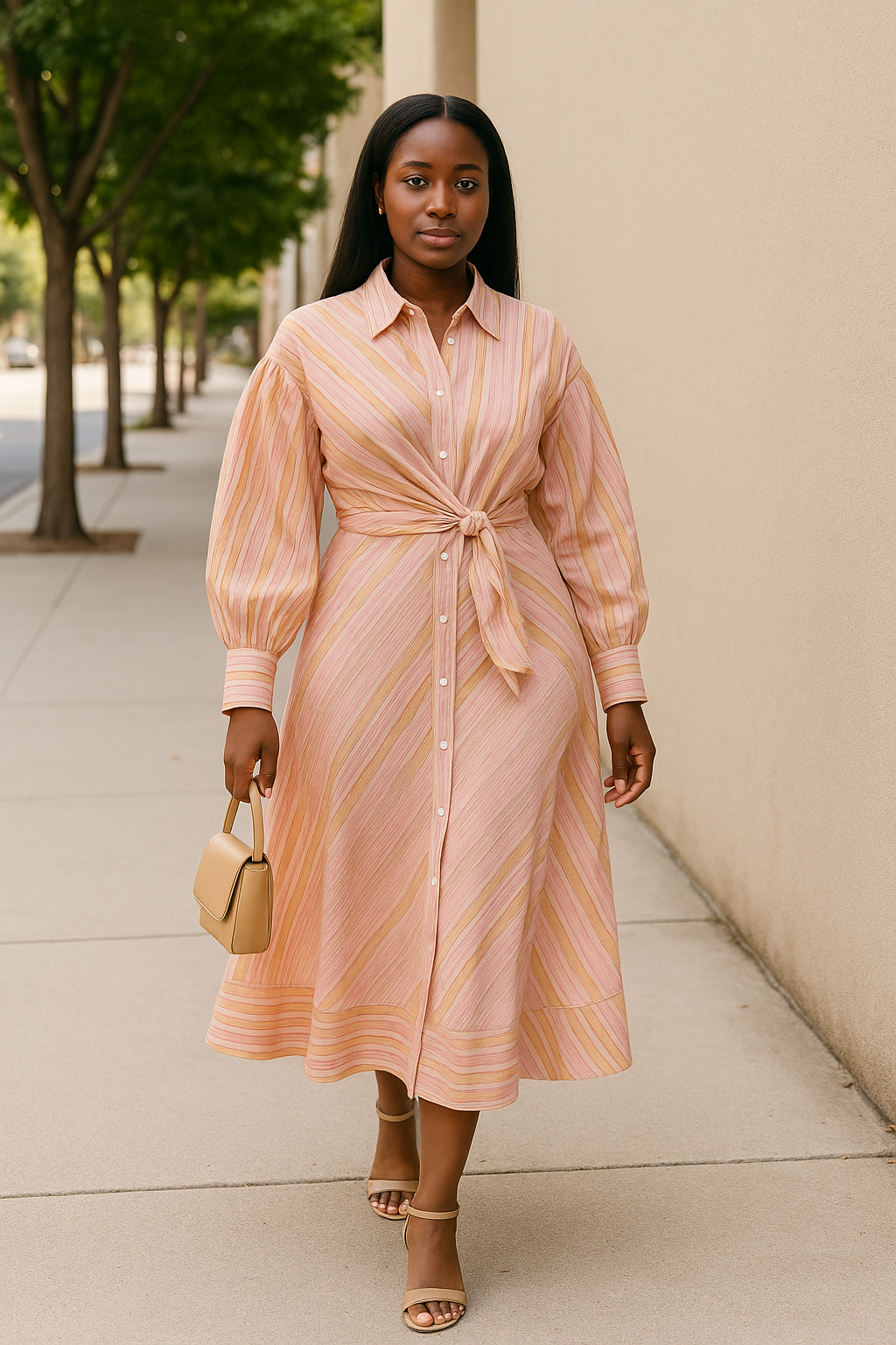 Pink Striped Waist Tie Button Front Midi Dress product image 5