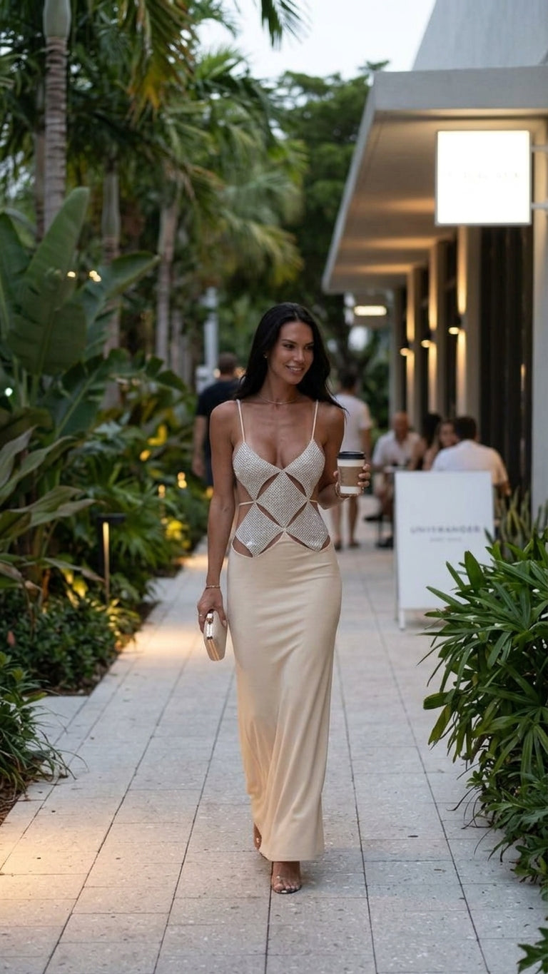 Beige V-Neck Satin Cut-Out Design Maxi Dress product image 5
