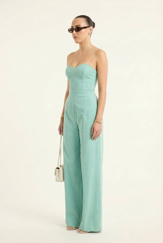 Women's Ribbed Mint Strapless Sweetheart Neckline Jumpsuit