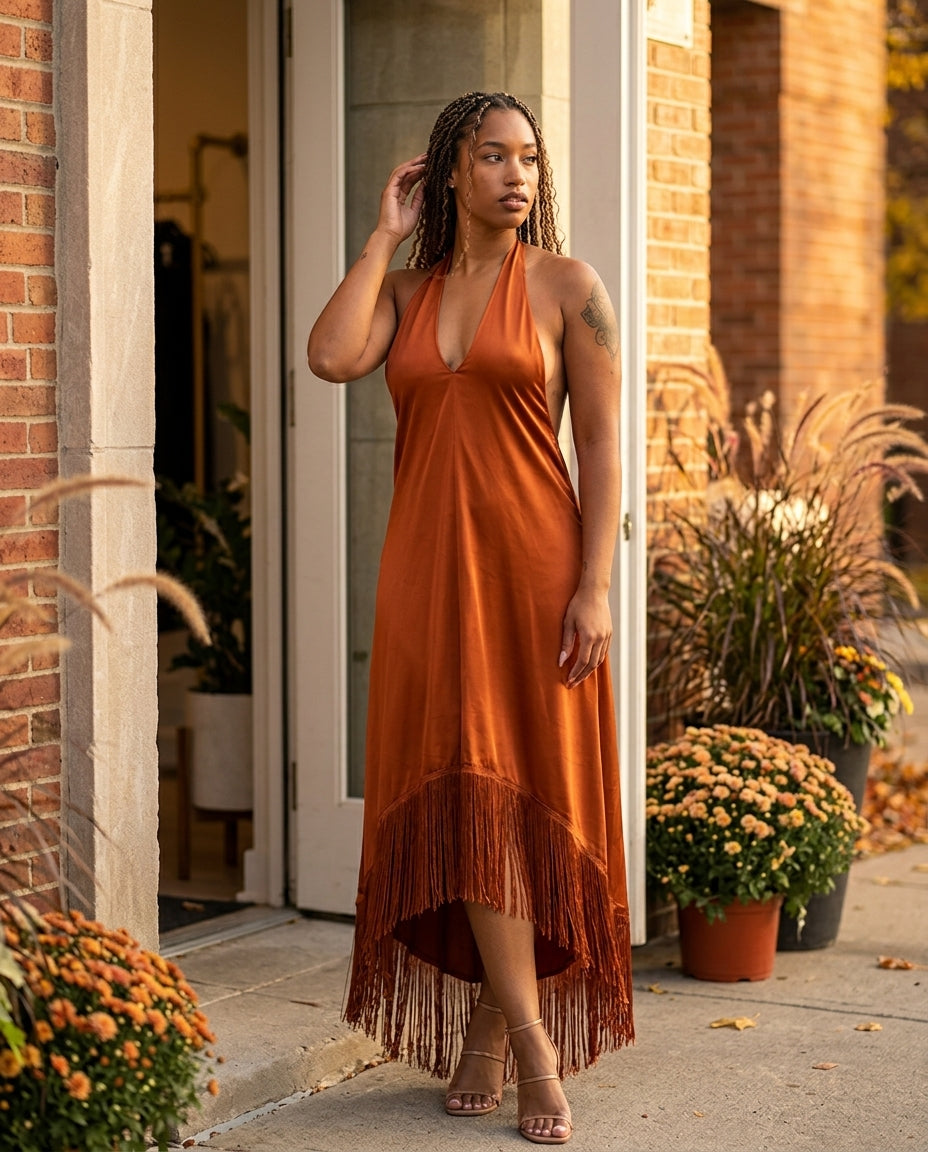 Rust Muse Wedding Guest Satin Maxi Dress Rust Maxi Dress with Relaxed Fit silhouette and Satin texture, editorial ecommerce scene for Wedding Guest, a fall city dinner, Fall late-summer to pre-fall transition: sell it as wearable now and still useful for by floravincie