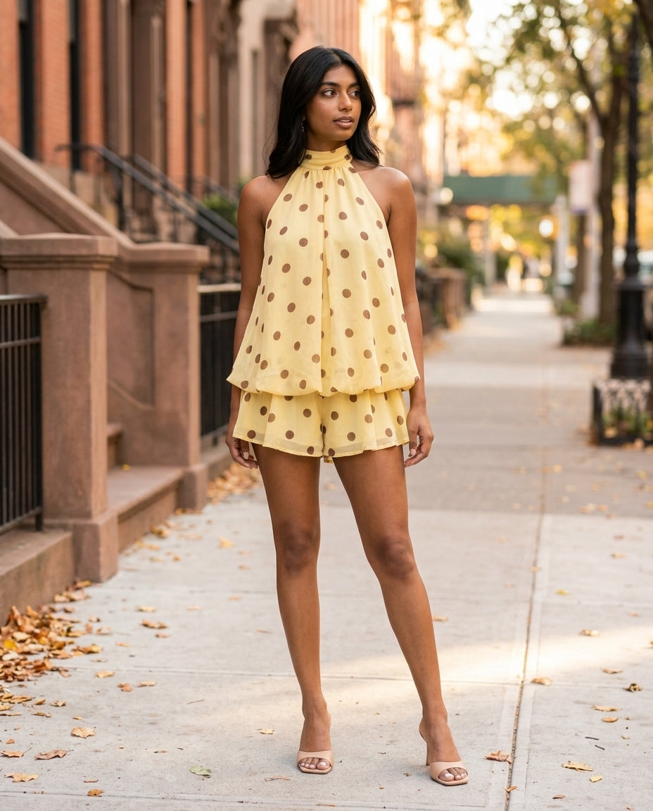 Light Yellow Gleam Evening Printed Romper Light Yellow Romper with Cropped silhouette and Textured texture, editorial ecommerce scene for City Dinner, a cafe plan, Fall city dinners, cafe plans, gallery evenings, and polished weekend styling, US Coastal G by floravincie