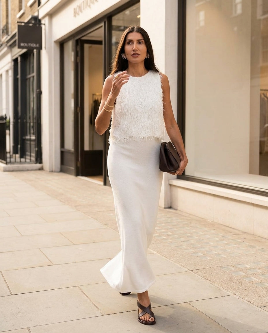 Ivory Poise Evening Ribbed Skirt Set Ivory Skirt Set with Flowing silhouette and Ribbed Knit texture, editorial ecommerce scene for City Dinner, a cafe plan, Fall city dinners, cafe plans, gallery evenings, and polished weekend styling, Euro Chic Premium by floravincie
