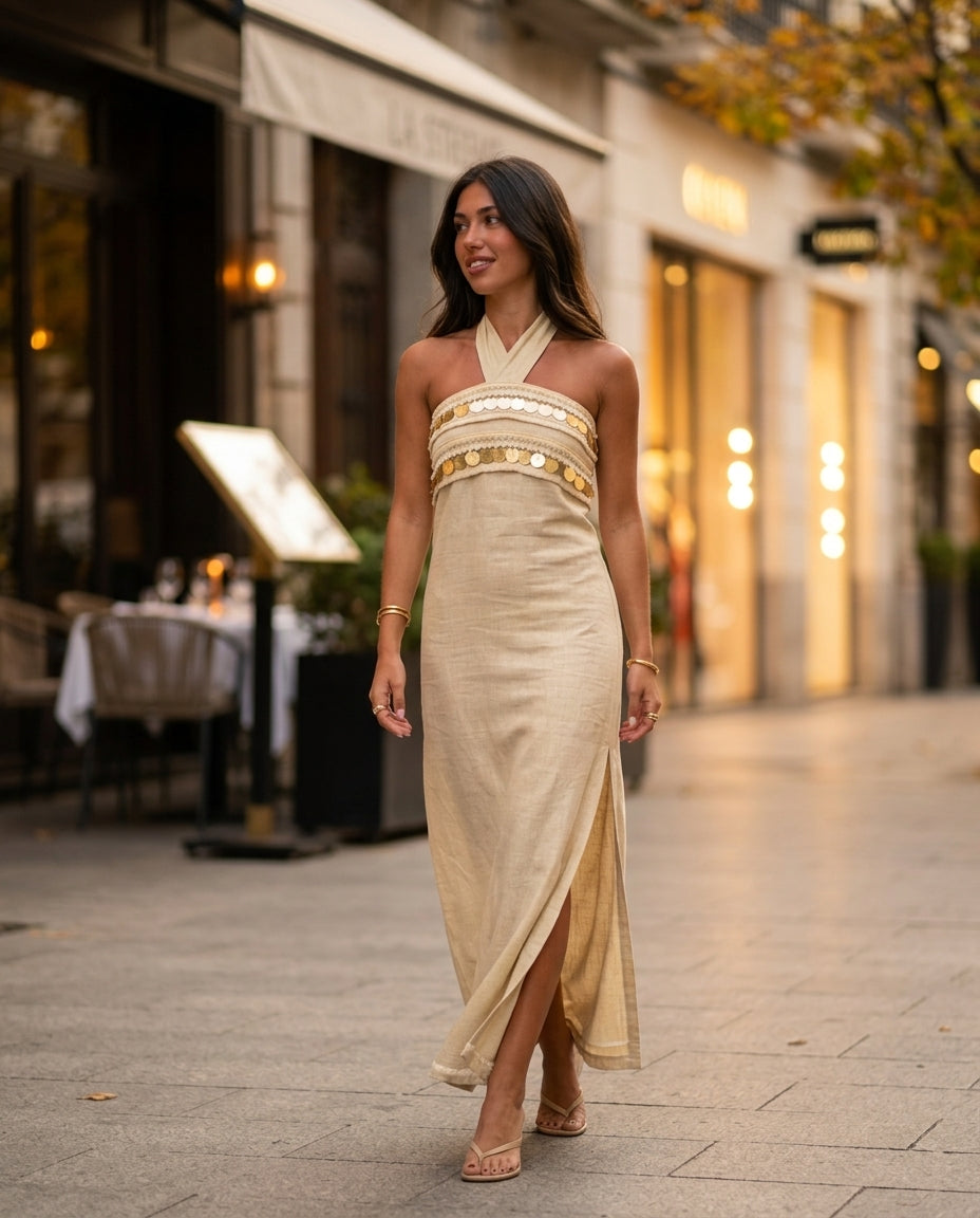 Sand Grace Evening Embroidered Maxi Dress Sand Maxi Dress with Relaxed Fit silhouette and Linen Blend texture, editorial ecommerce scene for City Dinner, a cafe plan, Fall city dinners, cafe plans, gallery evenings, and polished weekend styling, Euro Chic by floravincie