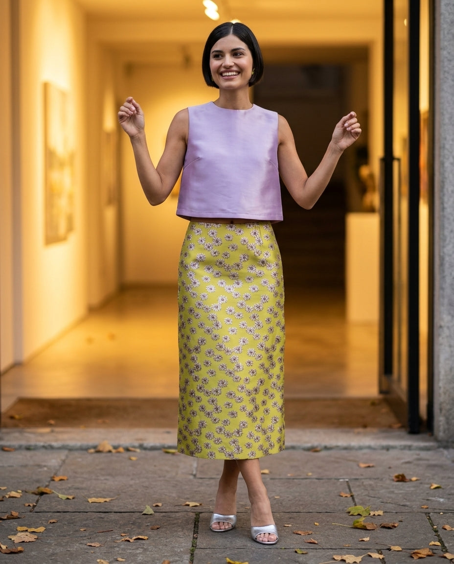 Pink Velvet Evening Floral Skirt Set Pink Skirt Set with Cropped silhouette and Satin texture, editorial ecommerce scene for City Dinner, an office-to-dinner transition, Fall city dinners, cafe plans, gallery evenings, and polished weekend styling, US Coa by floravincie