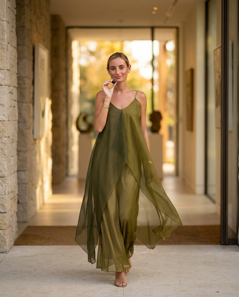 Olive Green Allure Evening Satin Maxi Dress Olive Green Maxi Dress with Asymmetric silhouette and Satin texture, editorial ecommerce scene for City Dinner, a gallery evening, Fall city dinners, cafe plans, gallery evenings, and polished weekend styling, U by floravincie