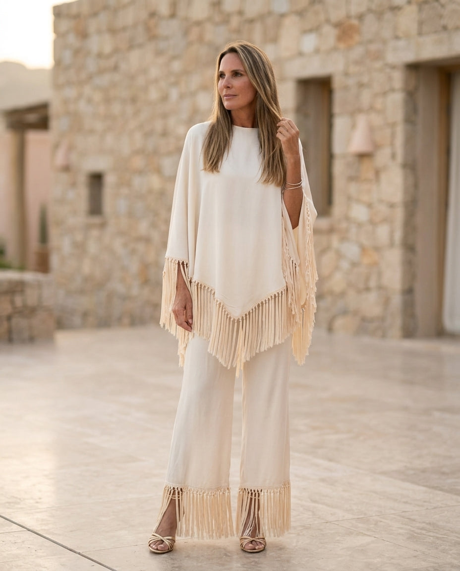 Ivory Glow Wedding Guest Linen Pant Set Ivory Pant Set with Wide-Leg silhouette and Linen Blend texture, editorial ecommerce scene for Wedding Guest, a cafe plan, Fall current summer selling first with a light late-summer/pre-fall accent: make it wearable by floravincie