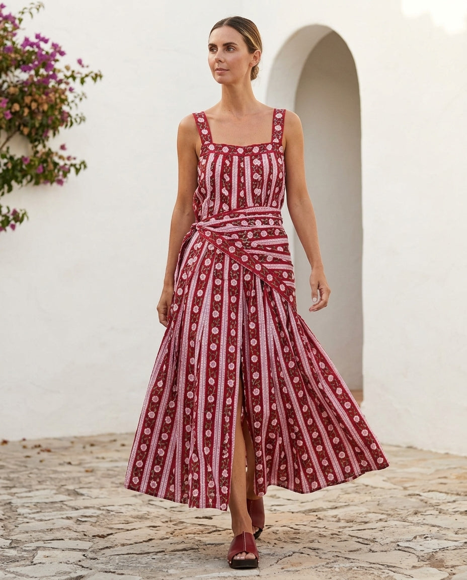 Burgundy Poise Wedding Guest Floral Maxi Dress Burgundy Maxi Dress with Relaxed Fit silhouette and Textured texture, editorial ecommerce scene for Wedding Guest, a cafe plan, Fall current summer selling first with a light late-summer/pre-fall accent: make by floravincie