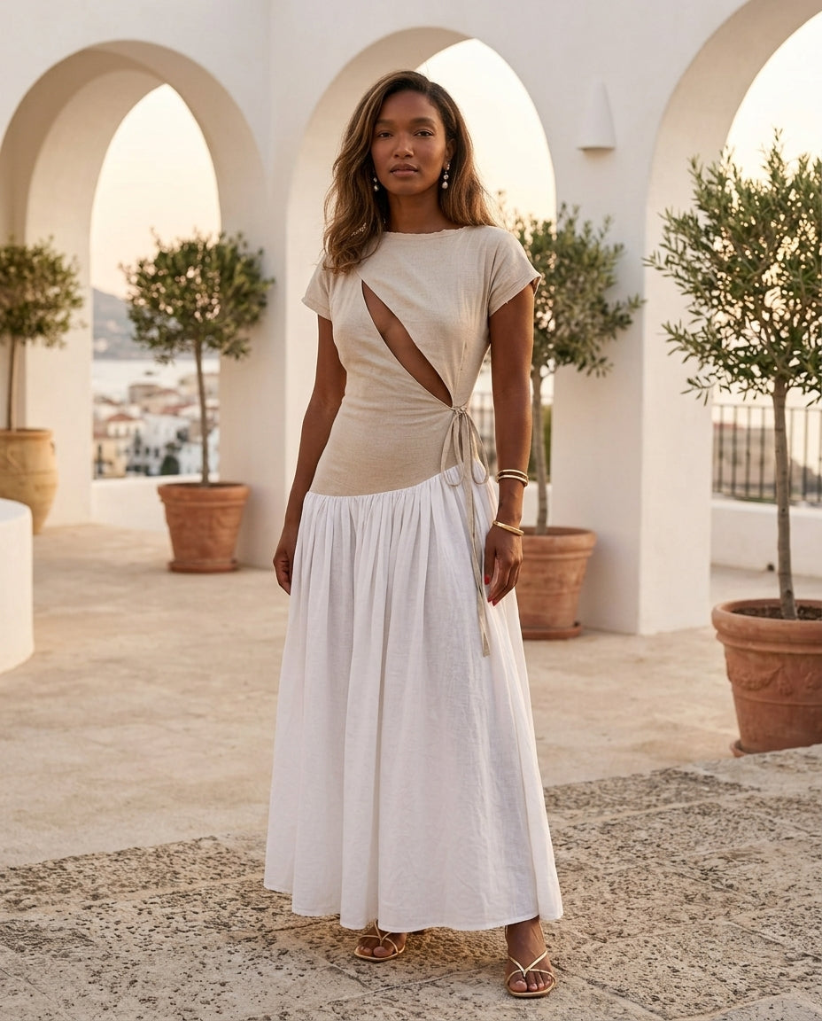 Sand Gleam Wedding Guest Linen Maxi Dress Sand Maxi Dress with Asymmetric silhouette and Linen Blend texture, editorial ecommerce scene for Wedding Guest, a fall city dinner, Fall current summer selling first with a light late-summer/pre-fall accent: make by floravincie