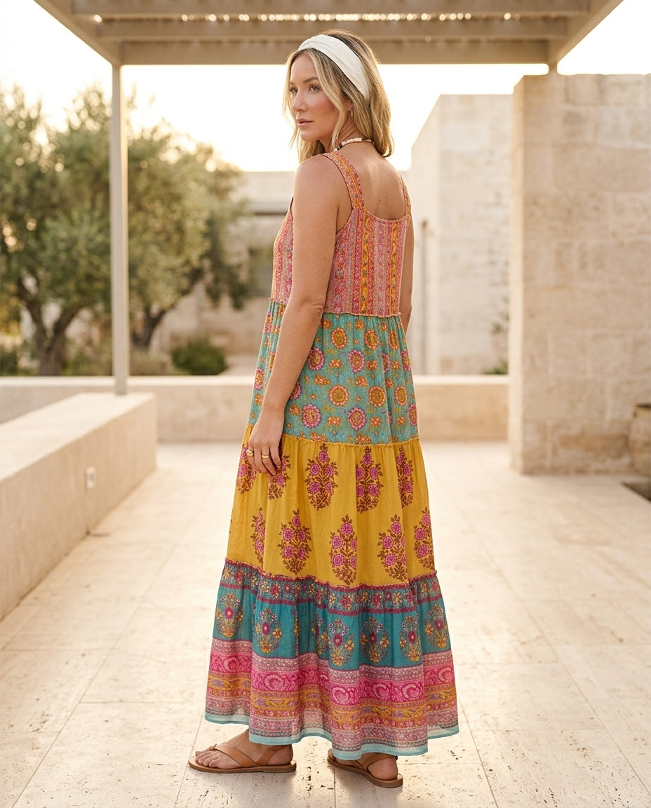Butter Yellow Charm Wedding Guest Printed Maxi Dress Butter Yellow Maxi Dress with Relaxed Fit silhouette and Textured texture, editorial ecommerce scene for Wedding Guest, a cafe plan, Fall current summer selling first with a light late-summer/pre-fall a by floravincie