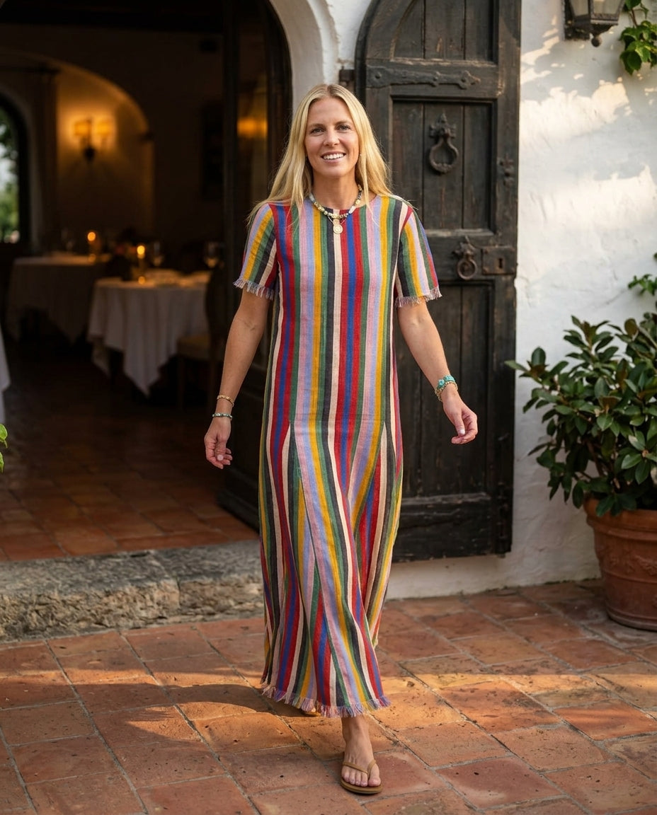 Multi-Color Reverie Wedding Guest Linen Maxi Dress Multi-Color Maxi Dress with Relaxed Fit silhouette and Linen Blend texture, editorial ecommerce scene for Wedding Guest, a gallery evening, Fall current summer selling first with a light late-summer/pre-f by floravincie