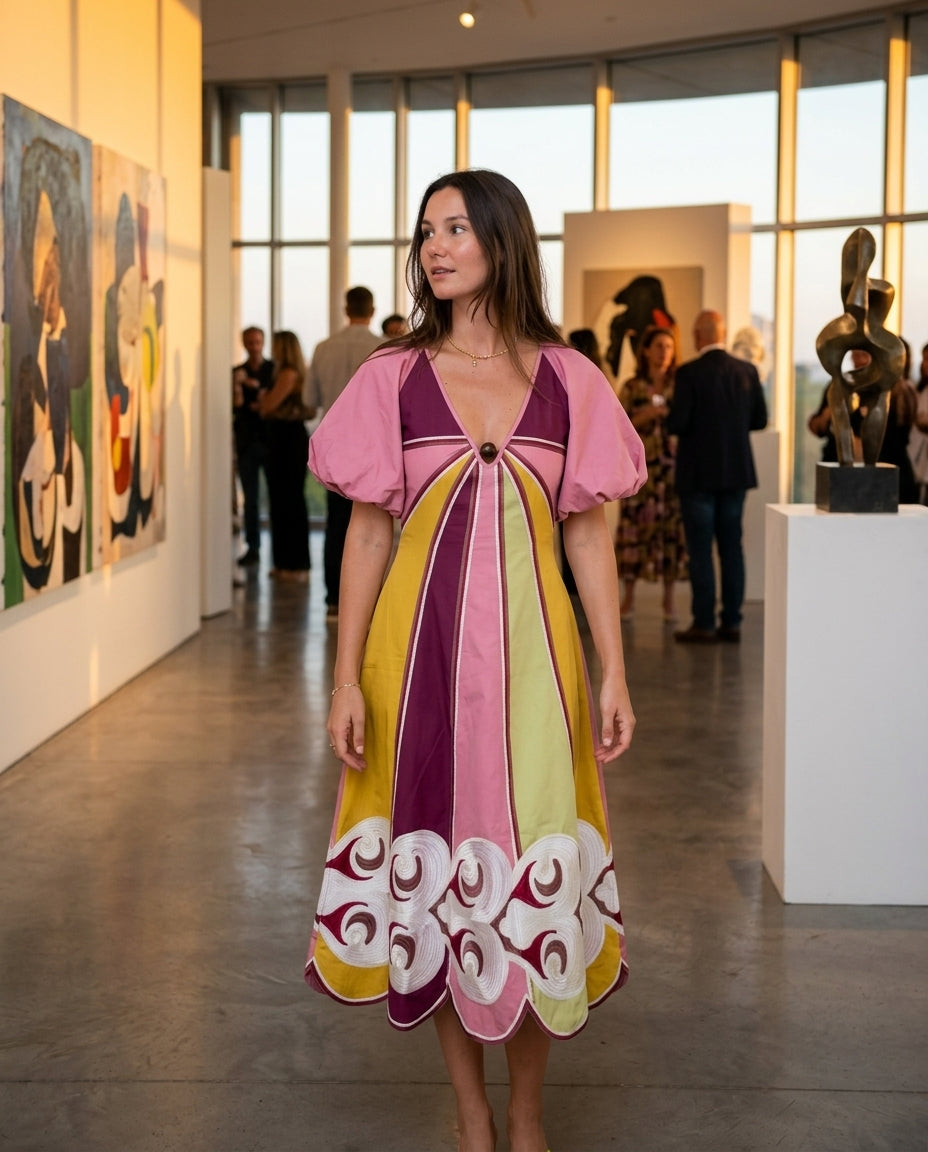 Pink Reverie Wedding Guest Embroidered Maxi Dress Pink Maxi Dress with Relaxed Fit silhouette and Textured texture, editorial ecommerce scene for Wedding Guest, a gallery evening, Fall current summer selling first with a light late-summer/pre-fall accent: by floravincie