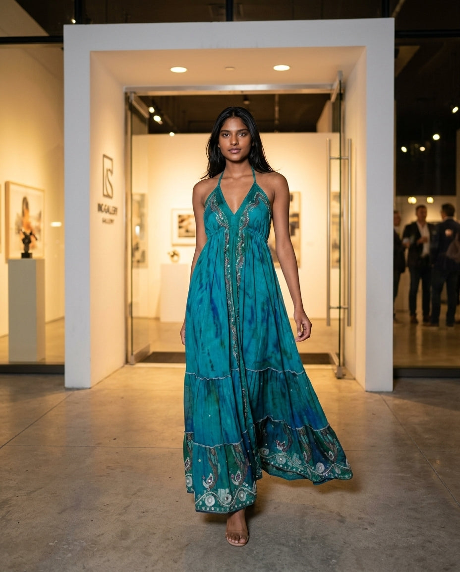 Teal Glow Wedding Guest Embroidered Maxi Dress Teal Maxi Dress with Relaxed Fit silhouette and Textured texture, editorial ecommerce scene for Wedding Guest, a fall city dinner, Fall current summer selling first with a light late-summer/pre-fall accent: m by floravincie