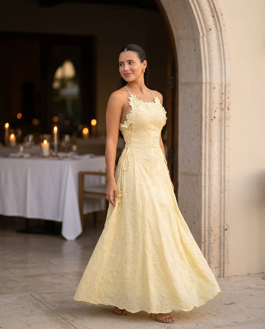 Light Yellow Velvet Wedding Guest Eyelet Maxi Dress Light Yellow Maxi Dress with Relaxed Fit silhouette and Textured texture, editorial ecommerce scene for Wedding Guest, a cafe plan, Fall current summer selling first with a light late-summer/pre-fall acc by floravincie