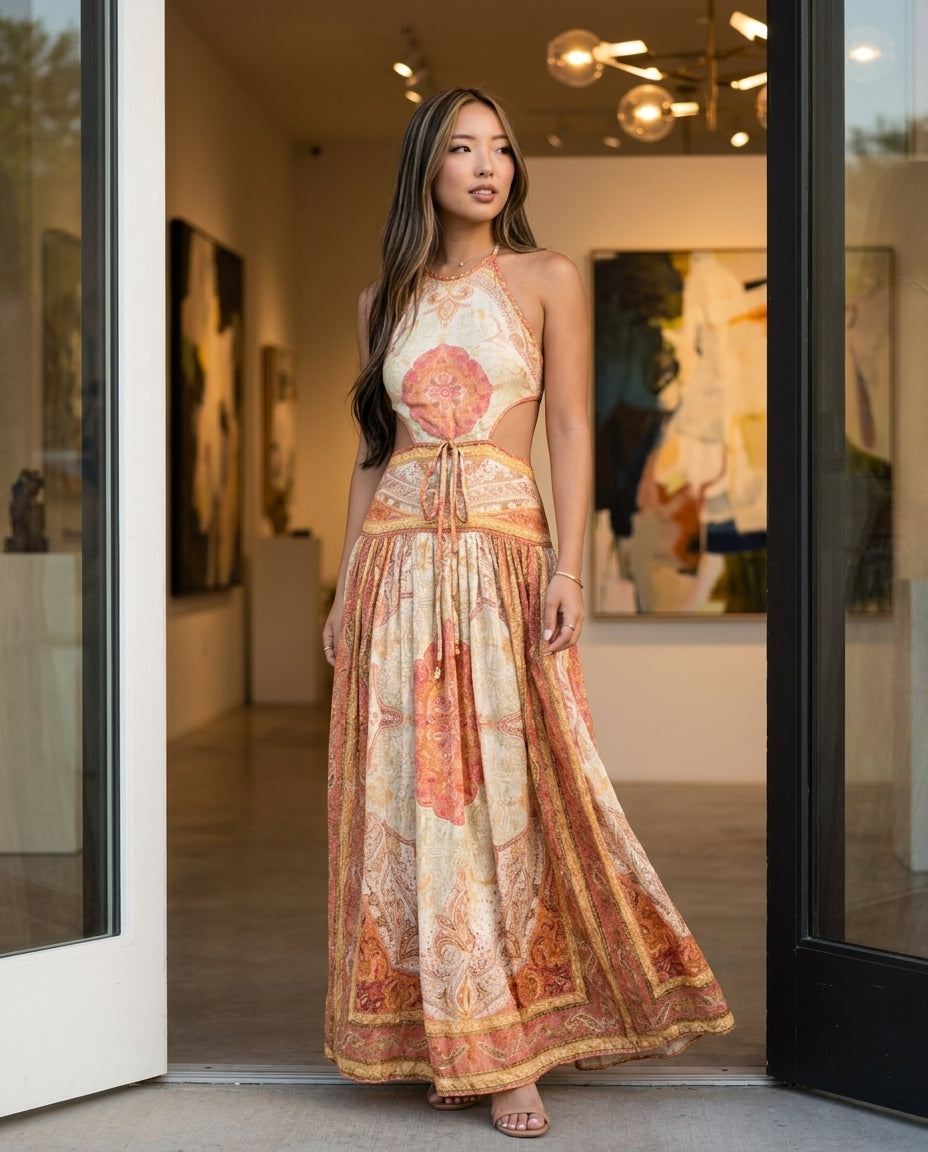 Ivory Poise Wedding Guest Printed Maxi Dress Ivory Maxi Dress with Flowing silhouette and Textured texture, editorial ecommerce scene for Wedding Guest, an office-to-dinner transition, Fall current summer selling first with a light late-summer/pre-fall ac by floravincie