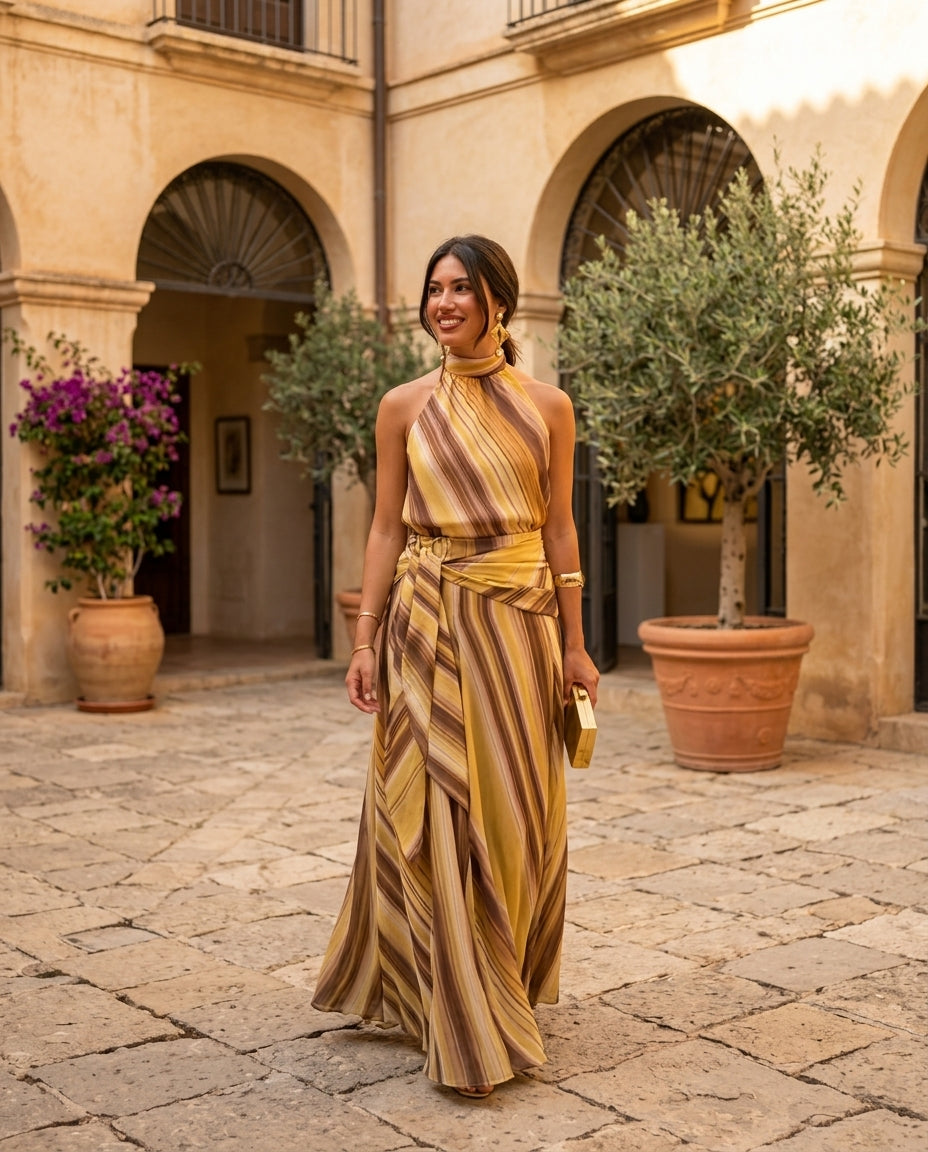Butter Yellow Muse Wedding Guest Striped Maxi Dress Butter Yellow Maxi Dress with Relaxed Fit silhouette and Textured texture, editorial ecommerce scene for Wedding Guest, a gallery evening, Fall current summer selling first with a light late-summer/pre-f by floravincie