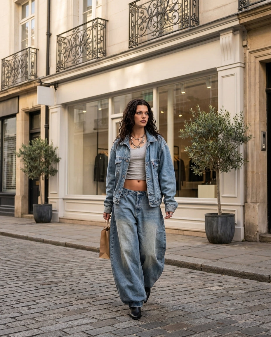 Denim Gleam Wedding Guest Jacket Denim Jacket with Wide-Leg silhouette and Textured texture, editorial ecommerce scene for Wedding Guest, a gallery evening, Fall current summer selling first with a light late-summer/pre-fall accent: make it wearable now f by floravincie