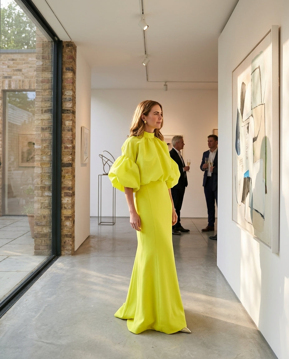 Neon Yellow Glow Wedding Guest Maxi Dress Neon Yellow Maxi Dress with Cropped silhouette and Textured texture, editorial ecommerce scene for Wedding Guest, a cafe plan, Fall current summer selling first with a light late-summer/pre-fall accent: make it we by floravincie