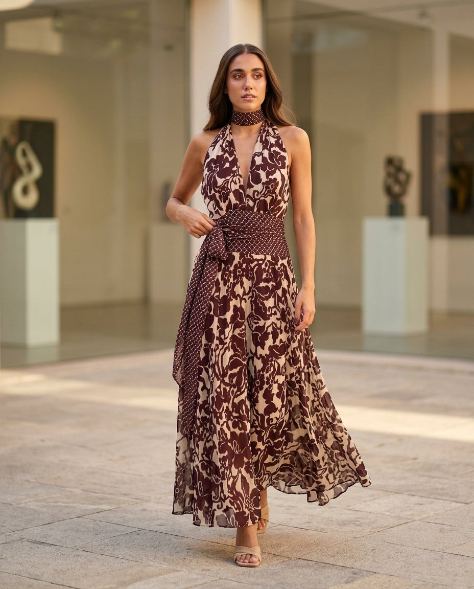 Burgundy Whisper Wedding Guest Floral Maxi Dress Burgundy Maxi Dress with Relaxed Fit silhouette and Textured texture, editorial ecommerce scene for Wedding Guest, an office-to-dinner transition, Fall current summer selling first with a light late-summer/ by floravincie
